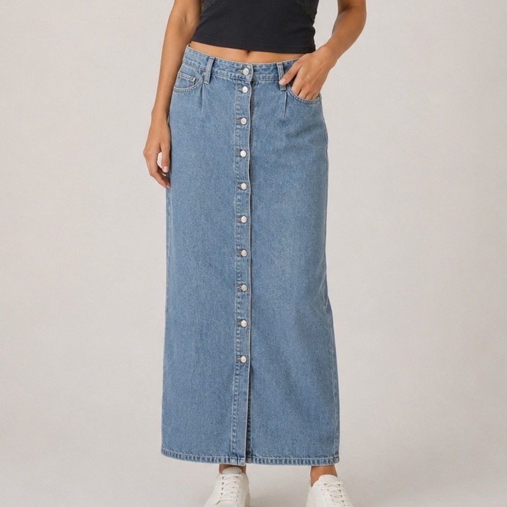 Hunt Club Vintage Blue Denim Button Front Maxi Skirt Womens Size 16 High Waist